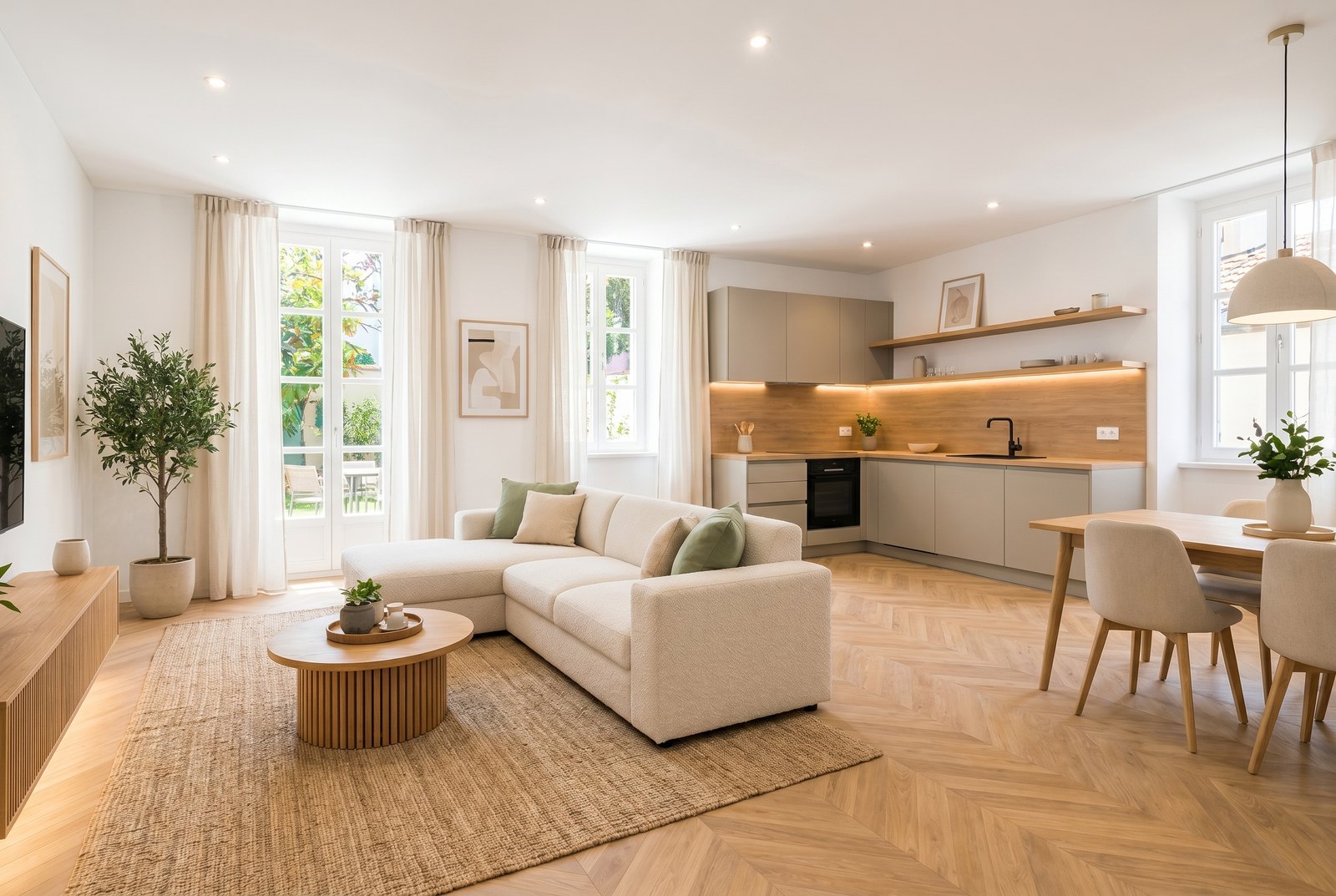 Living room with cream sofa, dining table and integrated kitchen
