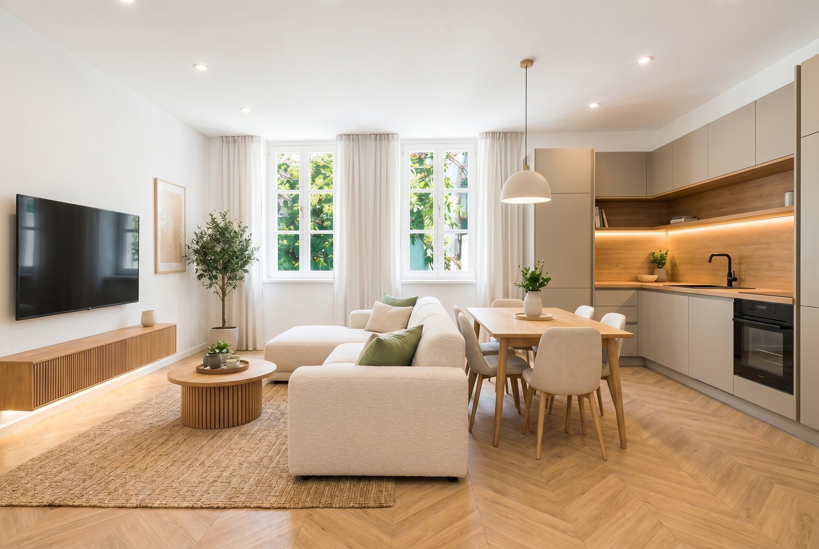 Garden-side living room with tall windows and oak floor