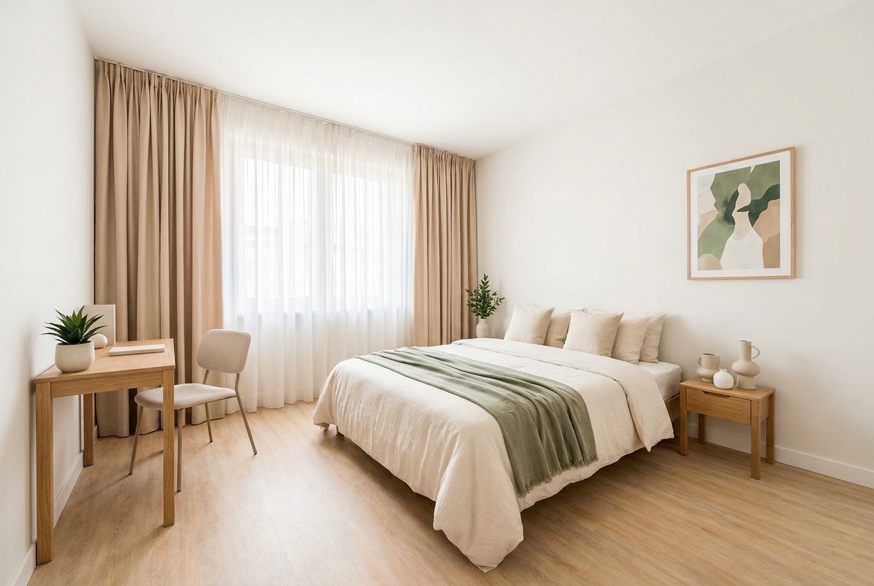 Second bedroom with double bed, oak desk by the window and light oak floor
