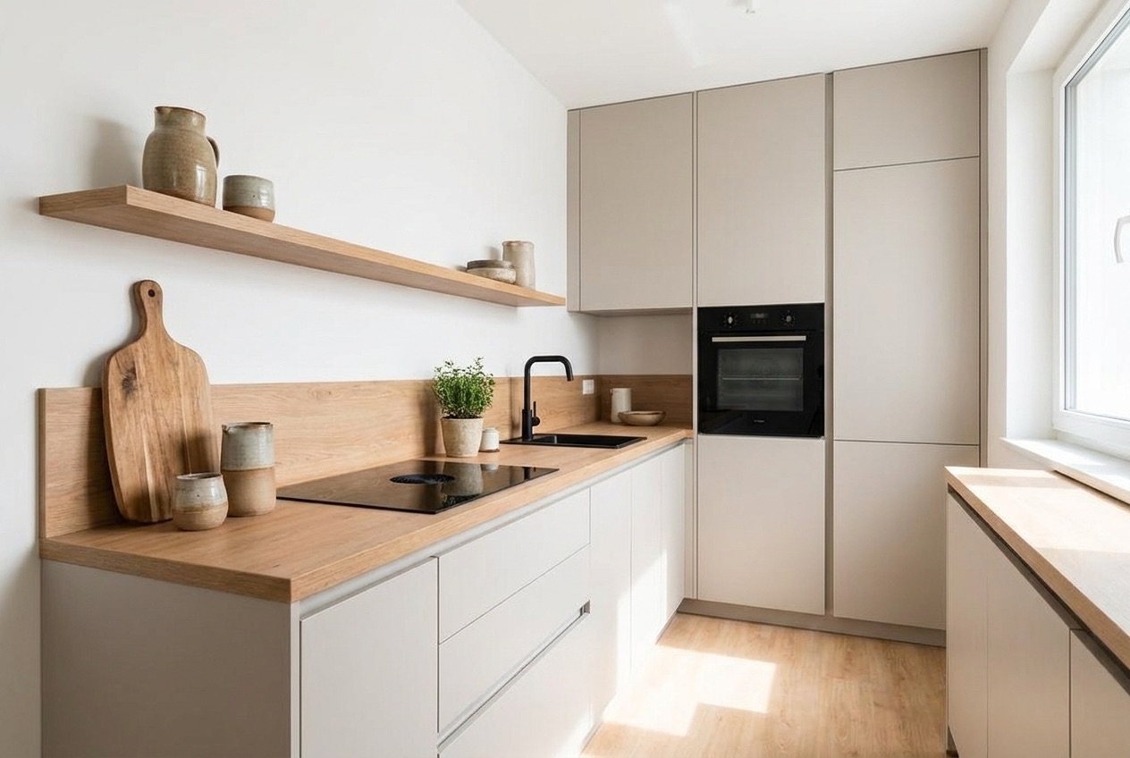 Open kitchen with handleless greige cabinetry, light oak worktop and matte-black tap