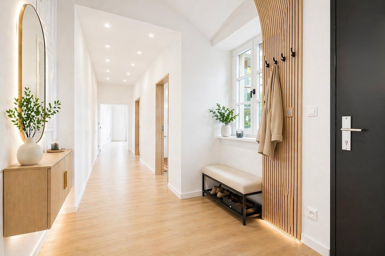 Entrance corridor with oak floor, slatted oak panelling and a backlit oval mirror