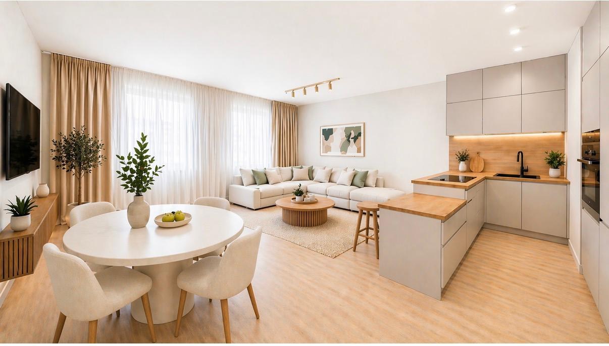 Garden residence living and dining room with oak floor and large windows